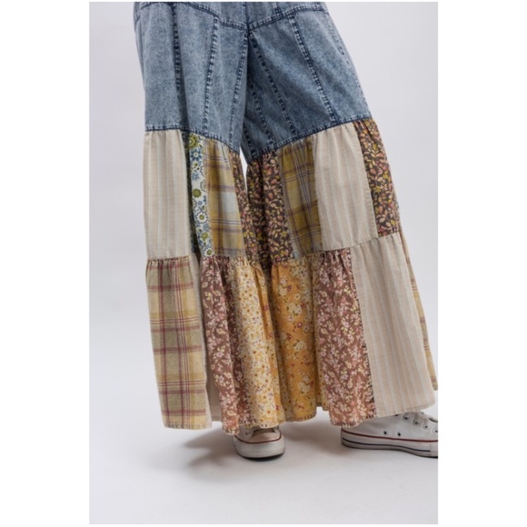 Bluevelvet Chambray Cotton Floral Plaid Print Wide leg Pants - Picture 7 of 7